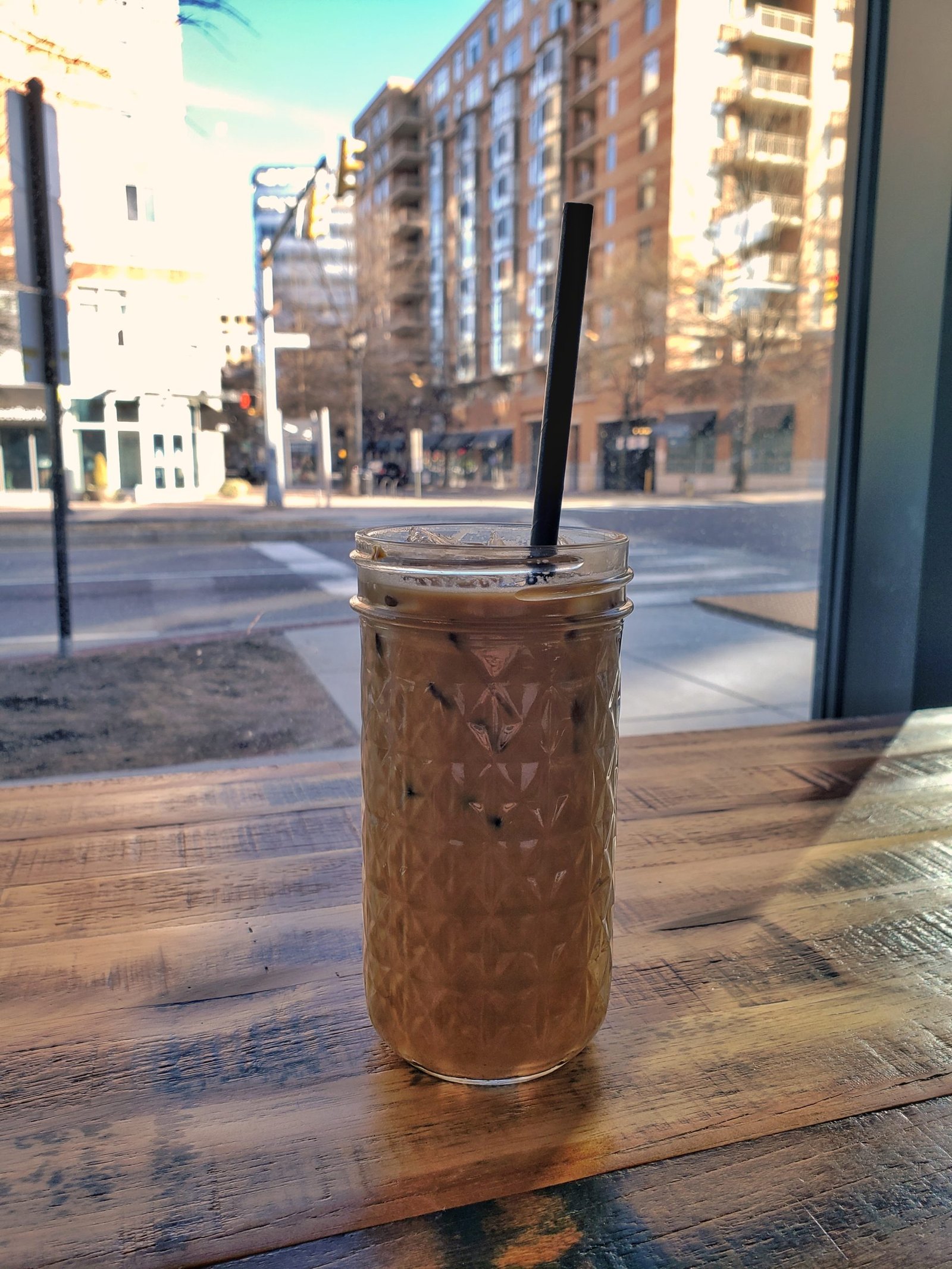 iced oat milk latte from Kaldi's Social House in Arlington, VA