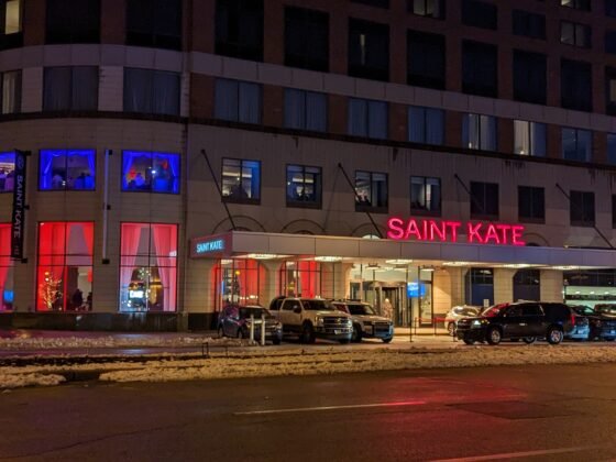 outside of the Saint Kate Arts Hotel in Milwaukee WI at night