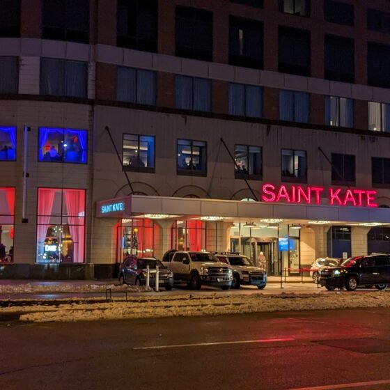 outside of the Saint Kate Arts Hotel in Milwaukee WI at night