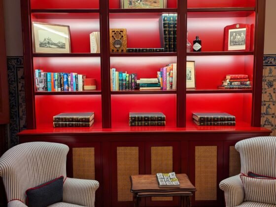 bookcase in reading room at the Pergola Boutique Hotel in Cascais, Portugal