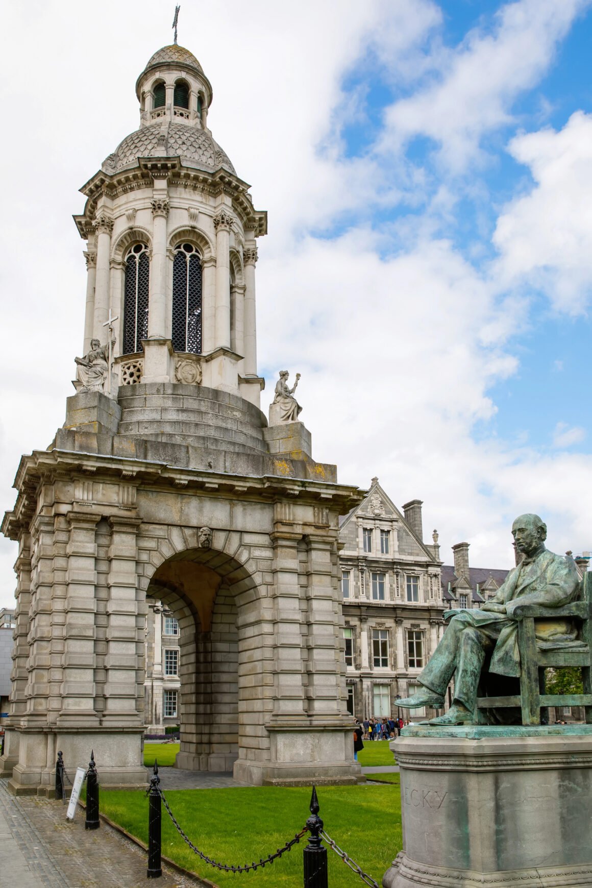 The Campanile Tower with statue of William Edward Hartpole Lecky at Trinity College in Dublin, Ireland